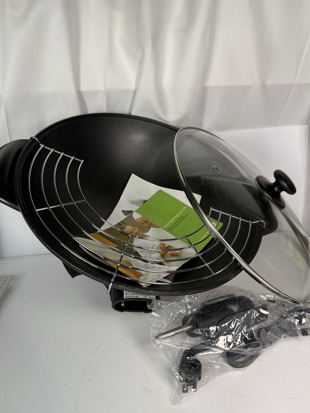 Wolfgang Puck Electric Wok with Glass Lid, Temp Control, Steaming Rack & Manual